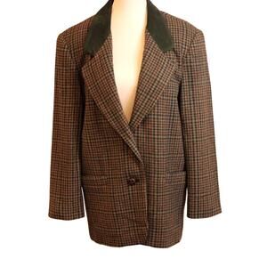 VTG International Scene Wool Green Plaid Suede Collar Womens Blazer Jacket 7/8